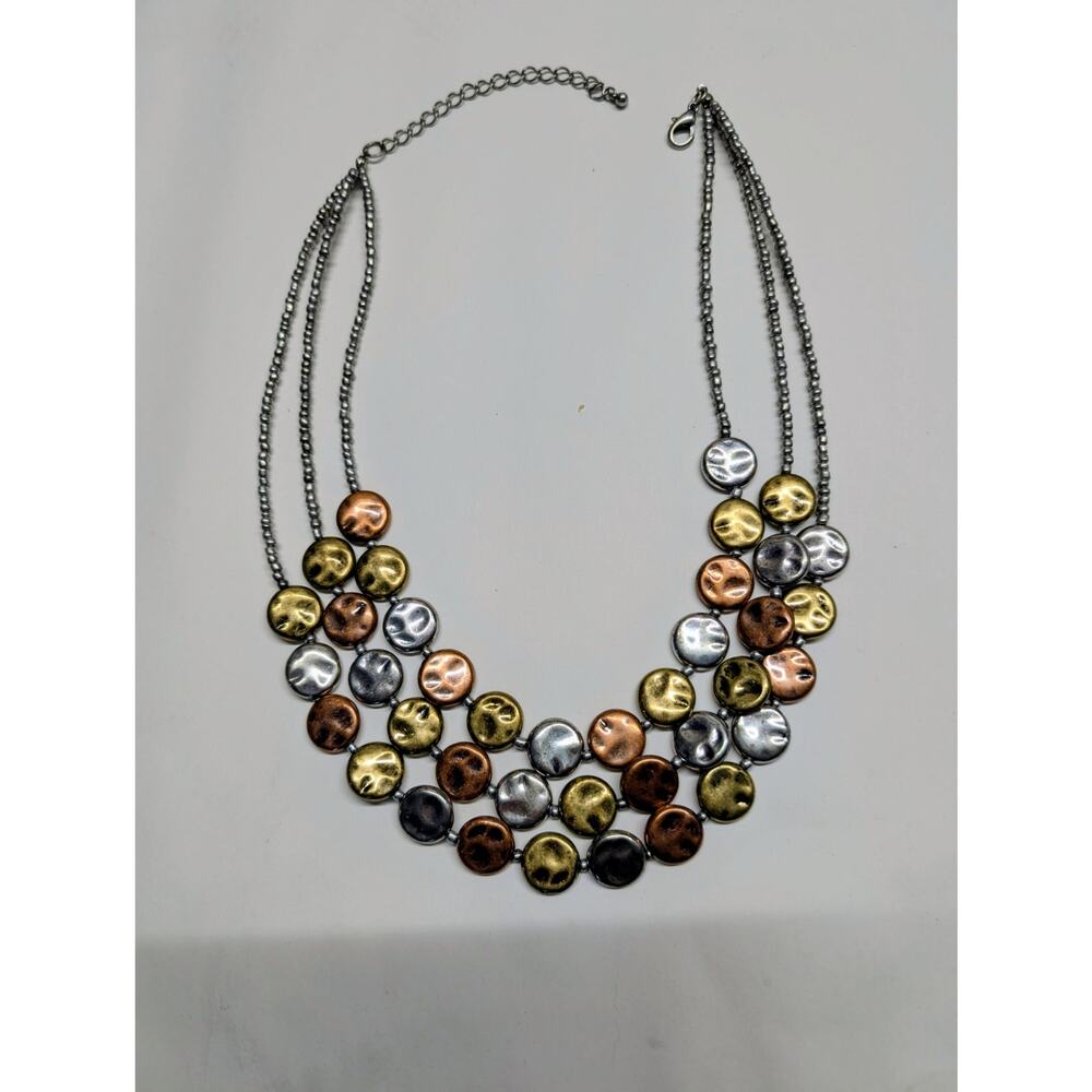 Tri Tone Hammered Disc Statement Necklace Silver Gold Copper Adjustable - Picture 1 of 5